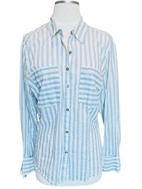 Michael Kors XL Blue-White-Gold Metallic Stripe Button Down Long Sleeve Shirt